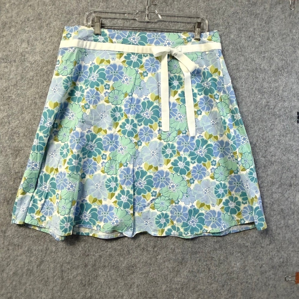 Lemon Grass Floral A-Line Skirt Blue Green Retro Ribbon Waist Knee Length Womens